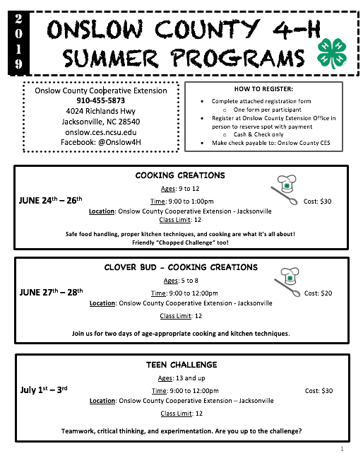 Onslow County 4-H Summer Programs flyer