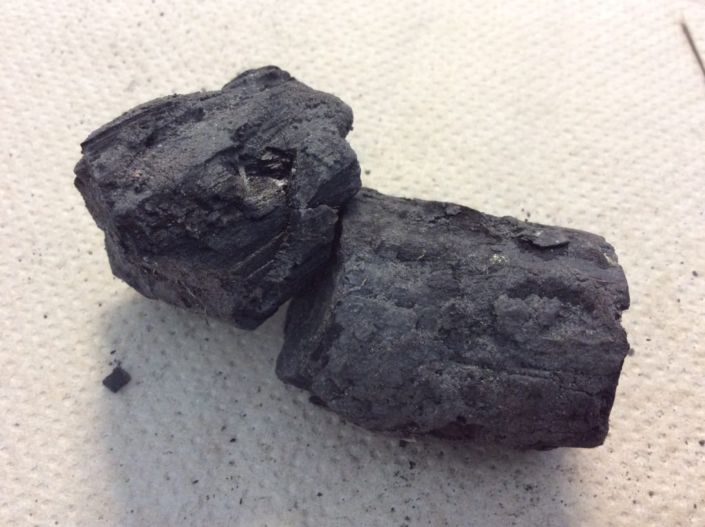 Two pieces of naturally-formed charcoal