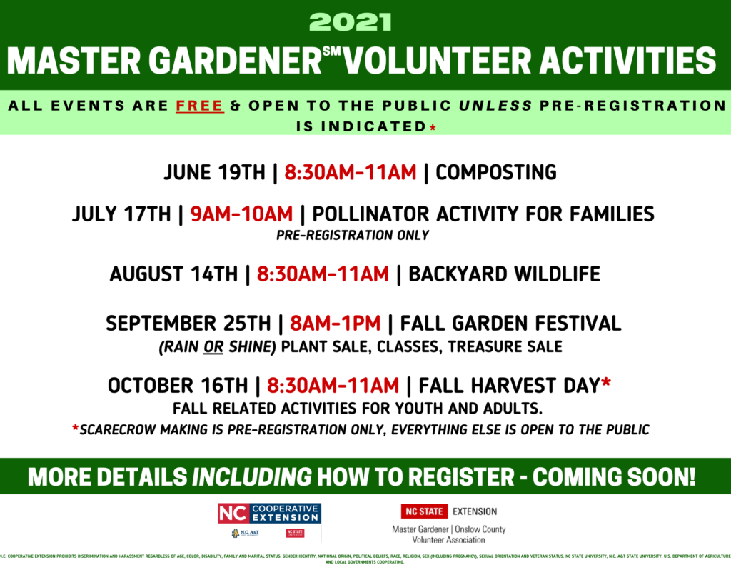 2021 Master Gardener Volunteer Activities at the Farmers Market *All events are free and open to the public, unless pre-registration is indicated June 19th- Composting (8:30-11 a.m.) July 17th- Pollinator activity for families *pre-registration is required (9-10 a.m.) August 14th- Backyard Wildlife (8:30-11 a.m.) September 25th- Fall Garden Festival (rain or shine) plant sale, classes, treasure sale (8-1) October 16th- Fall Harvest Day- Fall related activities for youth and adults. Scarecrow making is pre-registration only, everything else is open to the public (8:30-11)