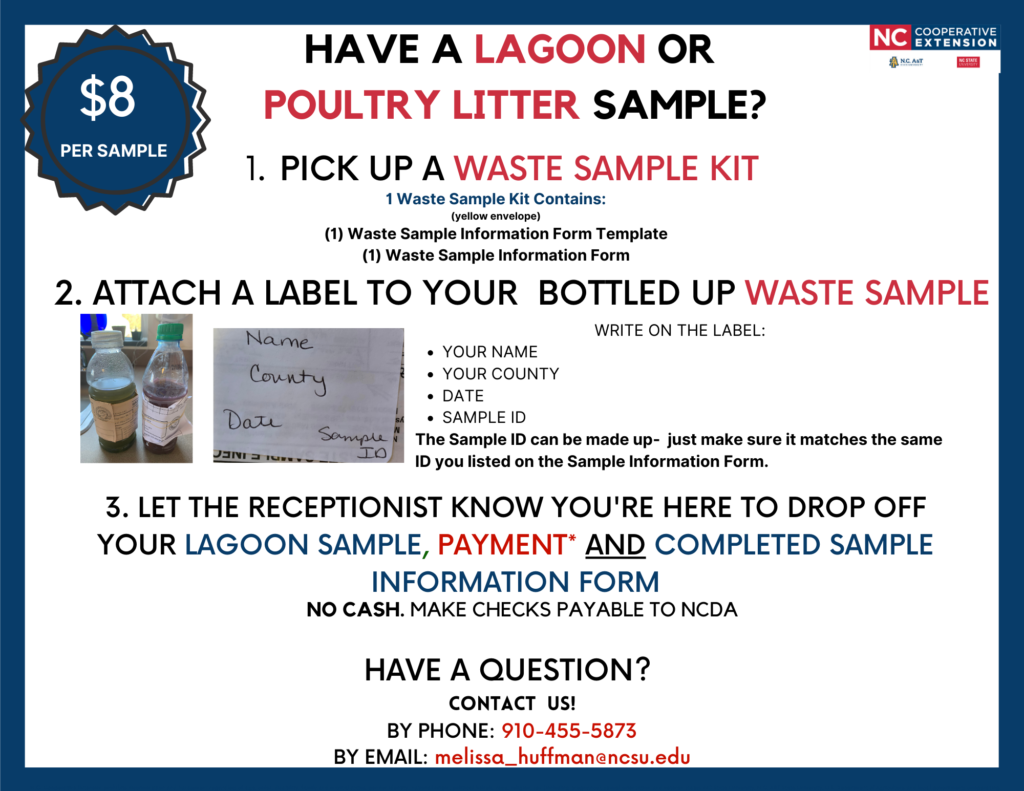 You can pick up our Waste Sample kits at our office: N.C. Cooperative Extension – Onslow County center 4024 Richlands Hwy. Jacksonville, NC MON-FRI, 8 a.m.-5 p.m. Please let the receptionist know you’re here to pick up a Waste Sample Kit. Once your waste sample is completed you may drop it back off to our office for us to ship to Raleigh for your results. Question: What is a completed waste sample? Answer: A completed waste sample is your (labeled) bottled up lagoon sample or your (labeled) bagged up litter sample(s) and your completed sample information sheet and payment. **EACH SAMPLE MUST HAVE YOUR NAME, YOUR COUNTY, DATE, and SAMPLE ID WRITTEN ON IT** You can log up to 6 samples on one sample information sheet. Any additional need to be logged on another copy of the sample information sheet.