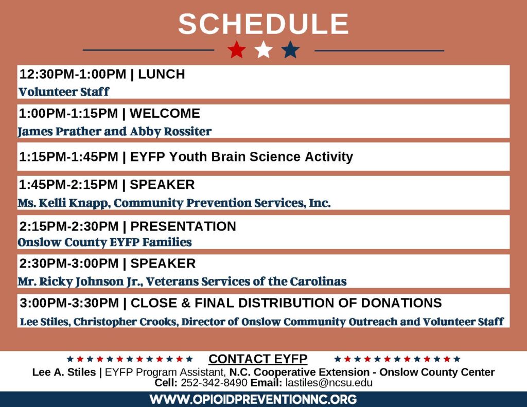 FREE lunch was served at 12:30 and presentations began at 1 p.m. The EYFP youth led a fun brain science activity and information was provided by Onslow County agencies.