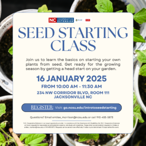 Seed starting class flyer, image features seedlings and text with class information.